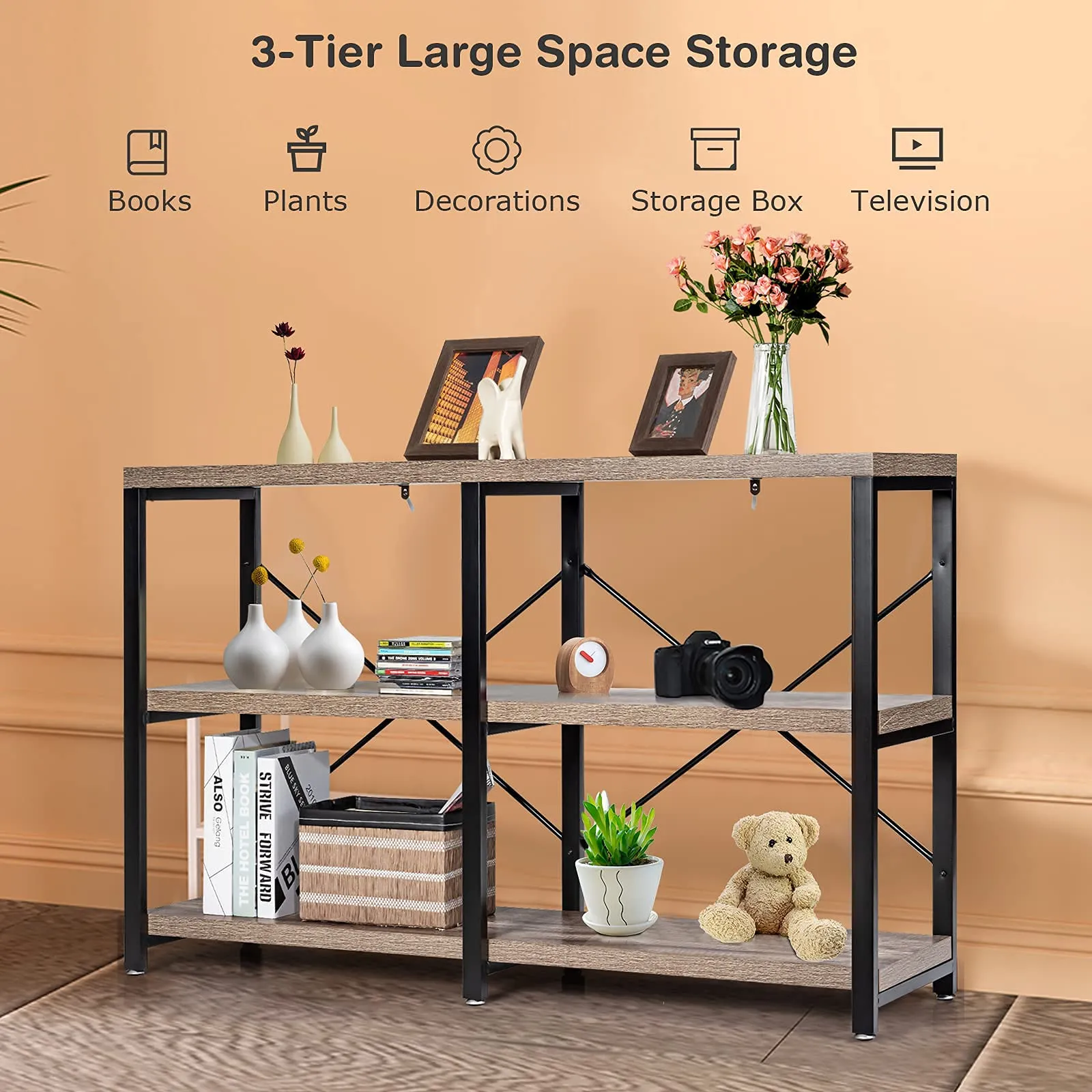 Tangkula Rustic Console Sofa Table, 3 Tier Console Table with Shelves, Industrial Foyer Table with Adjustable Feet, Living Room TV Stand