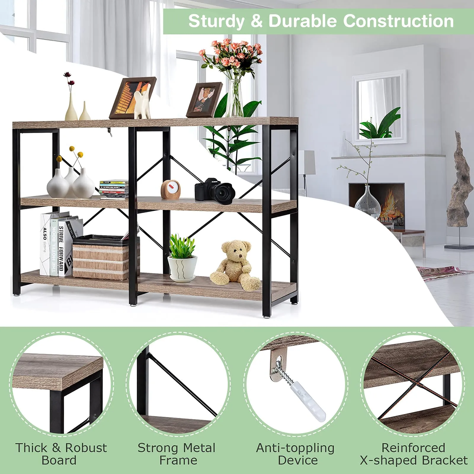 Tangkula Rustic Console Sofa Table, 3 Tier Console Table with Shelves, Industrial Foyer Table with Adjustable Feet, Living Room TV Stand