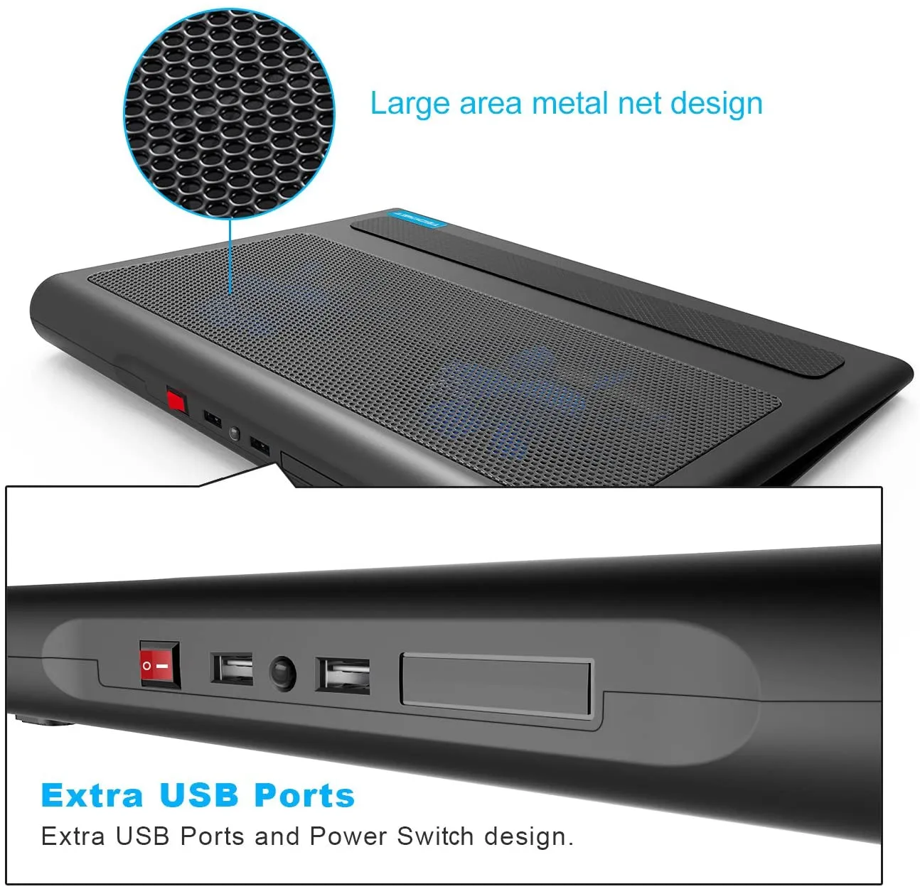 TECKNET Laptop Cooling Pad, Portable Ultra-Slim Quiet Laptop Notebook Cooler Cooling Pad Stand with 2 USB Powered Fans, Fits 12-16 Inches