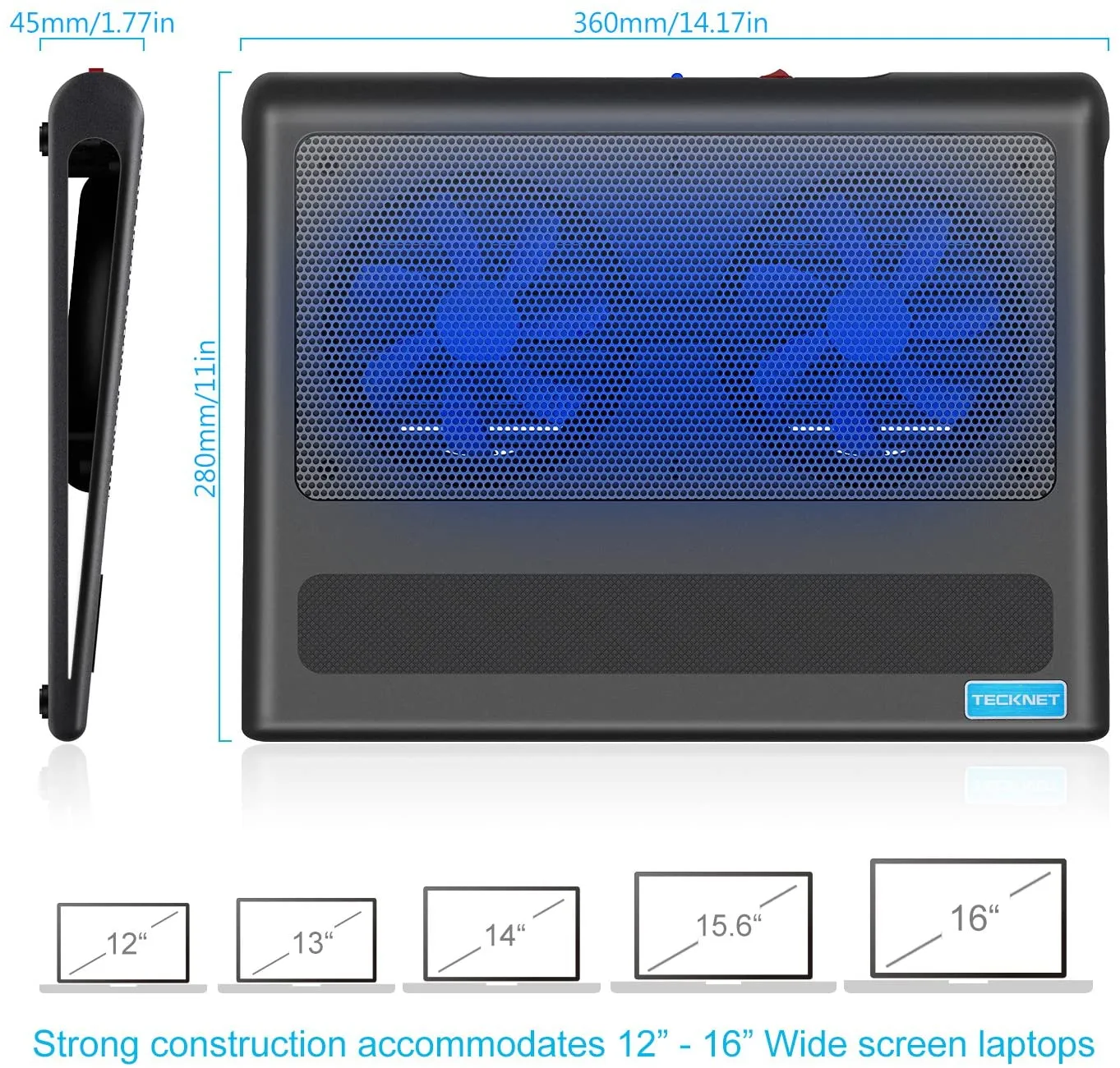 TECKNET Laptop Cooling Pad, Portable Ultra-Slim Quiet Laptop Notebook Cooler Cooling Pad Stand with 2 USB Powered Fans, Fits 12-16 Inches