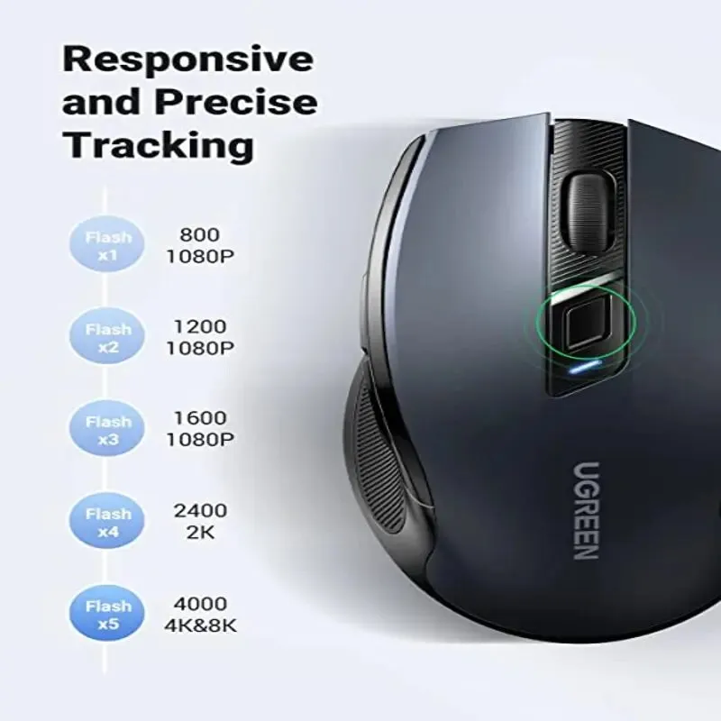 UGREEN 90545 Wireless Ergonomic 5-Level 4000 DPI 6 Buttons, 2.4Ghz USB Cordless Silent Mice with Nano Receiver- Black